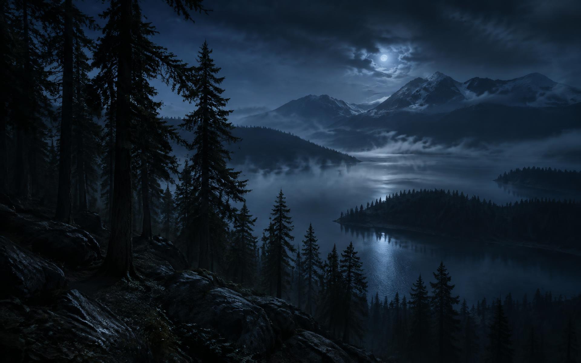 Forêt et lac de montagne la nuit